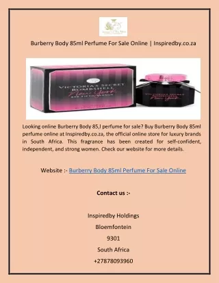 Burberry Body 85ml Perfume For Sale Online  Inspiredby.co.za
