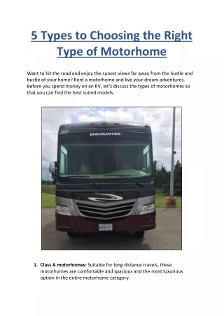 5 Types to Choosing the Right Type of Motorhome