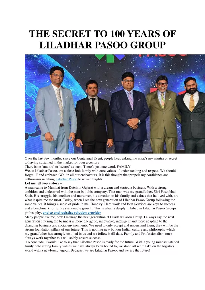 the secret to 100 years of liladhar pasoo group