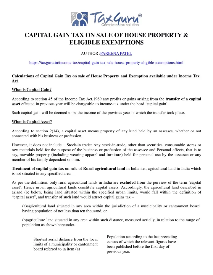 capital gain tax on sale of house property