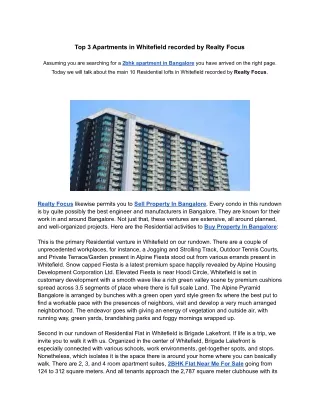 Top 3 Apartments in Whitefield recorded by Realty Focus
