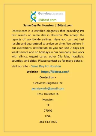 Same Day Pcr Houston  I24test