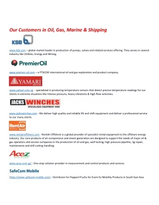 Our Customers in Oil Gas Marine Shipping 2019