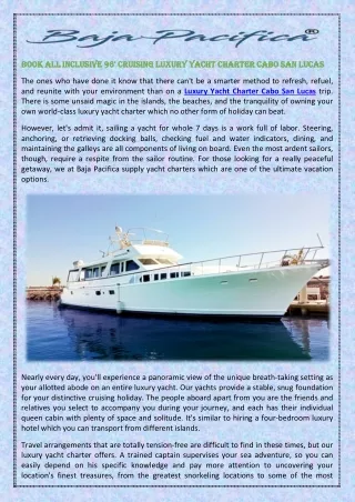 Book All Inclusive 96' Cruising Luxury Yacht Charter Cabo San Lucas