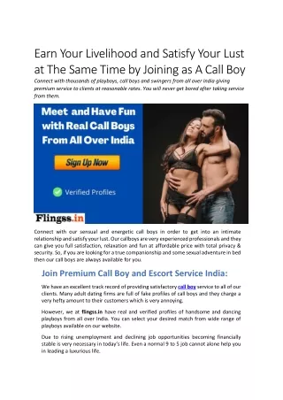 Earn Your Livelihood and Satisfy Your Lust at The Same Time by Joining as A Call Boy