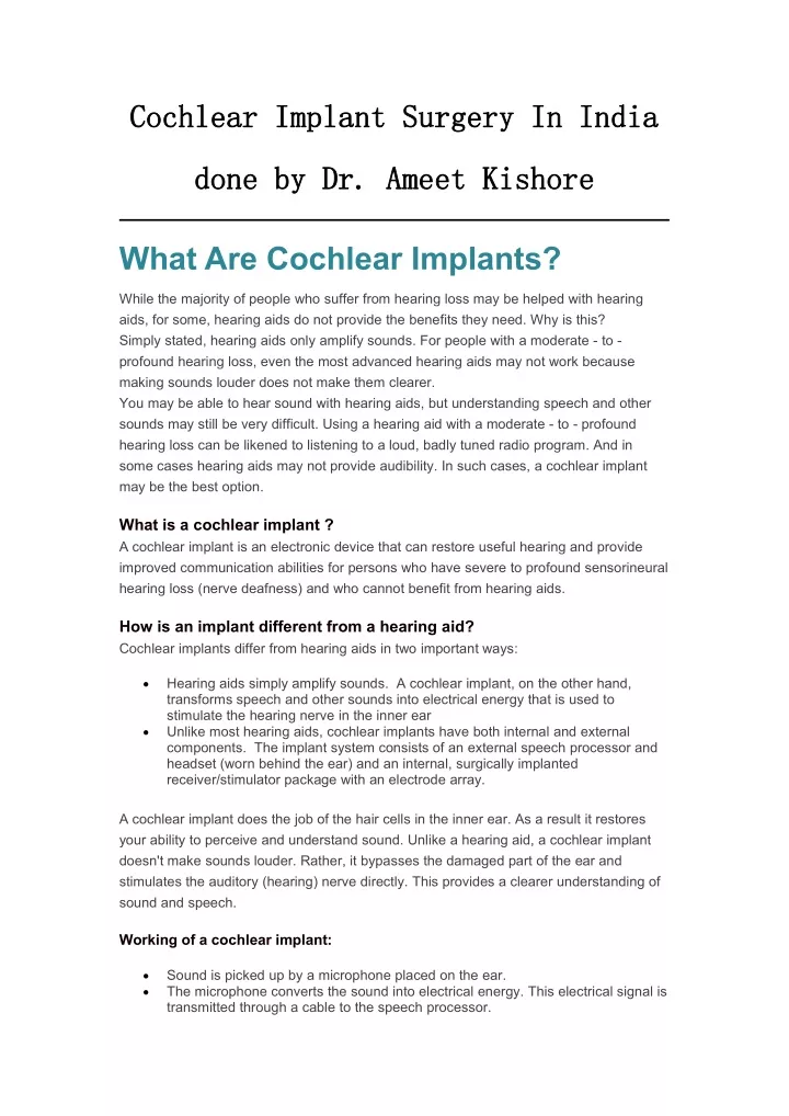 PPT - Cochlear Implant Surgery In India done by Dr. Ameet Kishore ...