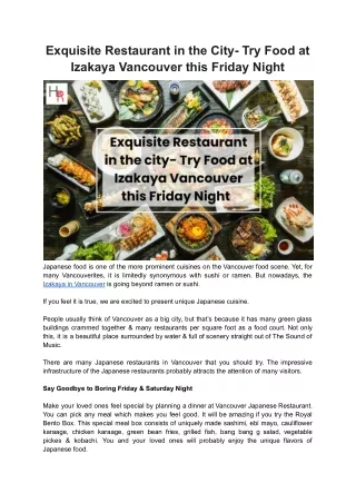 Exquisite Restaurant in the city- Try Food at Izakaya Vancouver this Friday Night