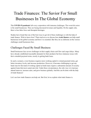 Trade Finances: The Savior For Small Businesses In The Global Economy
