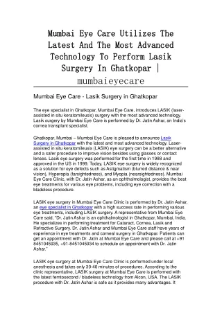Mumbai Eye Care Utilizes Technology To Perform Lasik Surgery In Ghatkopar