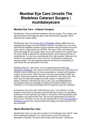 Mumbai Eye Care Unveils The Bladeless Cataract Surgery | mumbaieyecare
