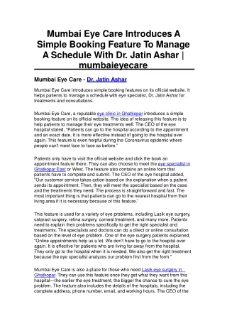 Mumbai Eye Care Introduces  Booking Feature To   Schedule With Dr. Jatin Ashar