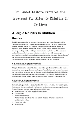Dr. Ameet Kishore Provides the treatment for Allergic Rhinitis In Children