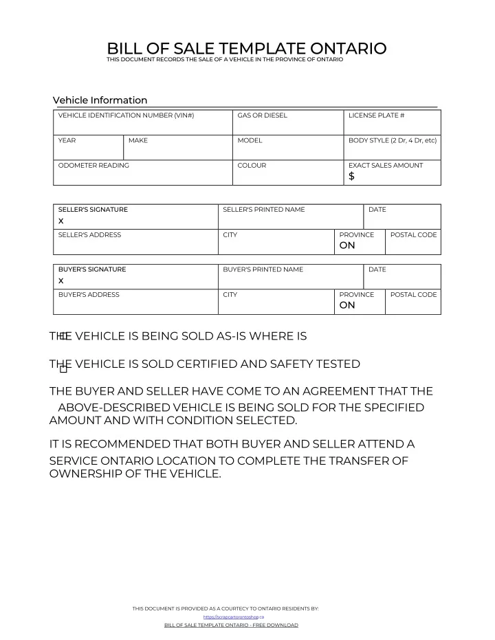 bill of sale for car service ontario