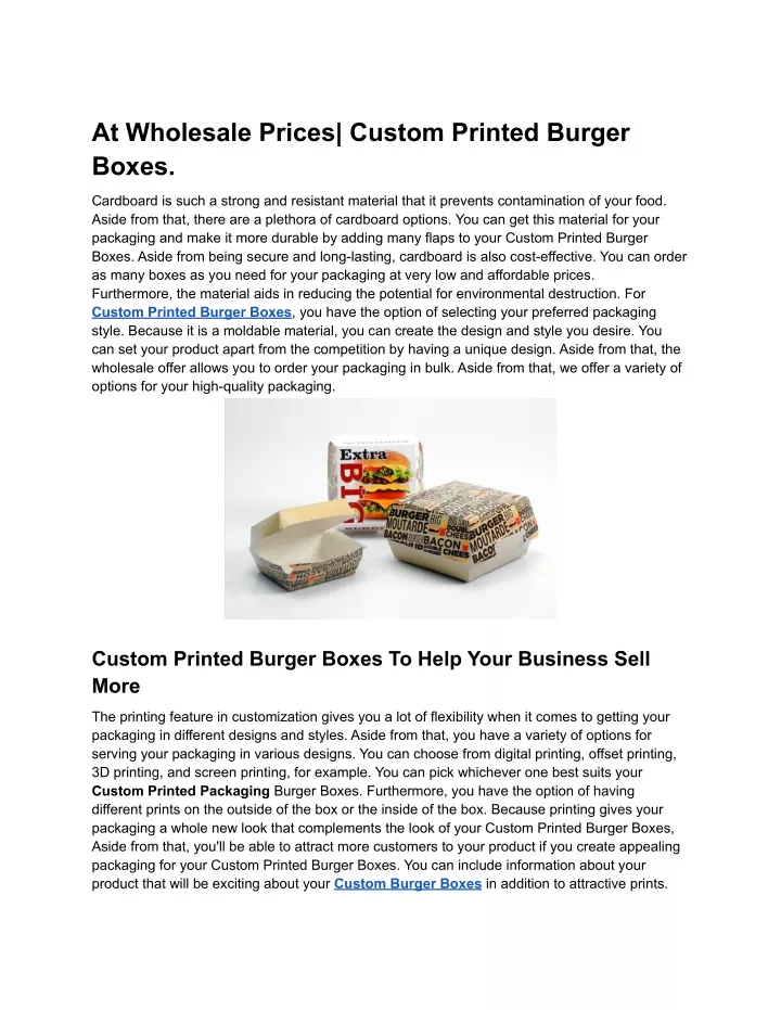 at wholesale prices custom printed burger boxes