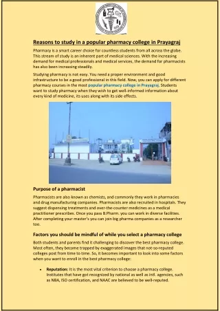 Reasons to study in a popular pharmacy college in Prayagraj