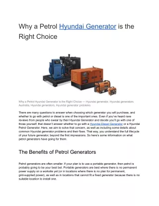 Why a Petrol Hyundai Generator is the Right Choice