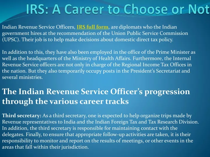 PPT IRS A Career to Choose or Not. PowerPoint Presentation, free