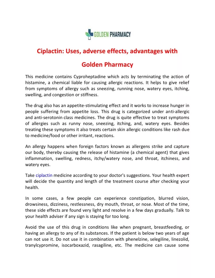 ciplactin uses adverse effects advantages with