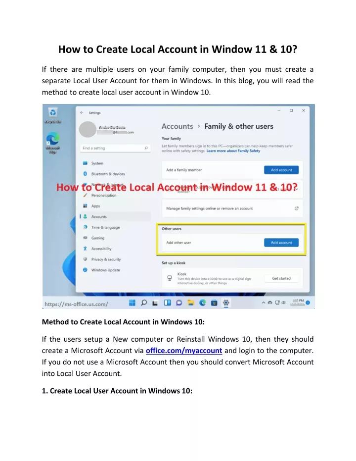 how to create local account in window 11 10