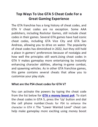 Top Ways To Use GTA 5 Cheat Code For a Great Gaming Experience