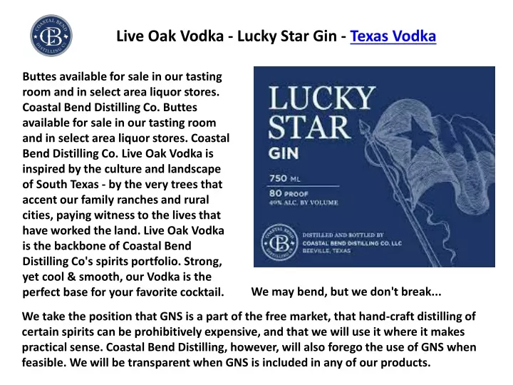 live oak vodka lucky star gin texas vodka