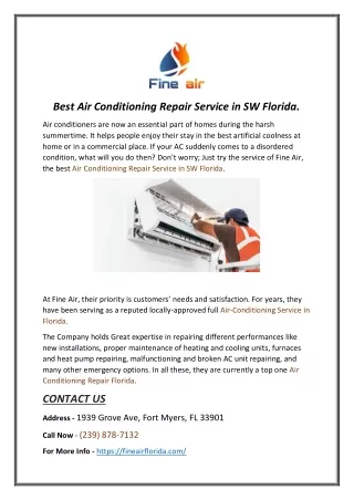 Air Conditioning Repair Service in SW Florida at an affordable price.