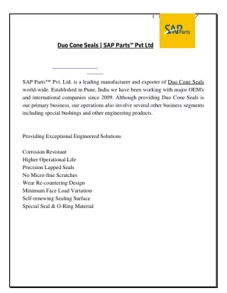 Duo Cone Seals | SAP Parts™ Pvt Ltd