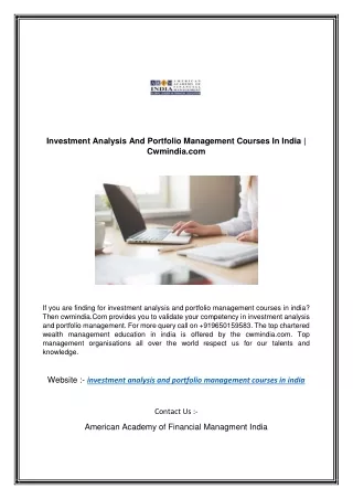 Investment Analysis And Portfolio Management Courses In India