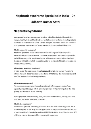 Nephrotic syndrome Specialist in India - Dr. Sidharth Kumar Sethi