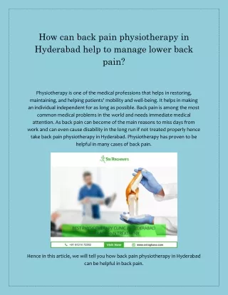 How can back pain physiotherapy in Hyderbad help to manage lower back pain?
