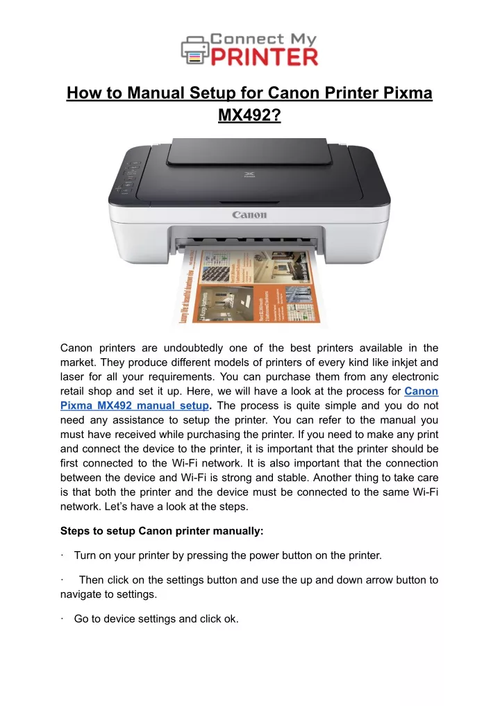 how to manual setup for canon printer pixma mx492