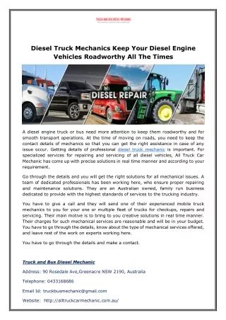 Diesel Truck Mechanics Keep Your Diesel Engine Vehicles Roadworthy All The Times