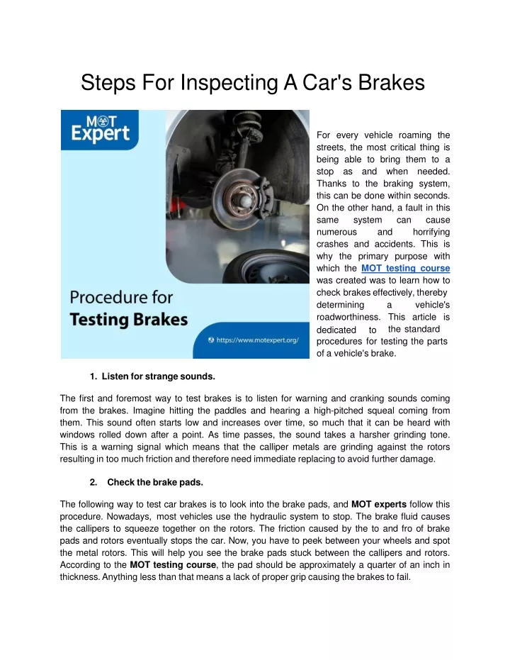 steps for inspecting a car s brakes