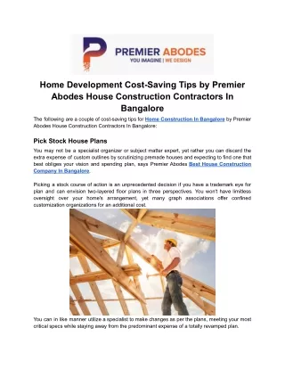 Home Development Cost-Saving Tips by Premier Abodes House Construction Contractors In Bangalore