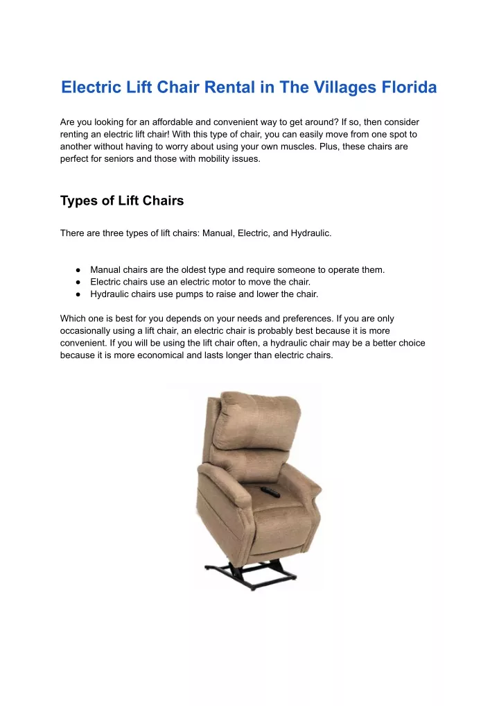 electric lift chair rental in the villages florida
