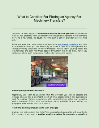 What to Consider For Picking an Agency For Machinery Transfers?