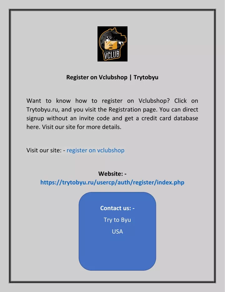 register on vclubshop trytobyu
