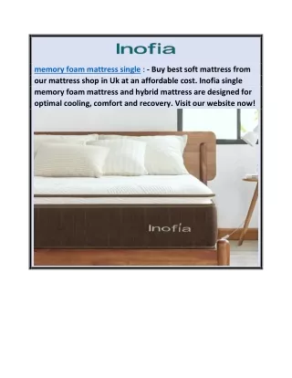Memory Foam Mattress Single  Inofia.co.uk