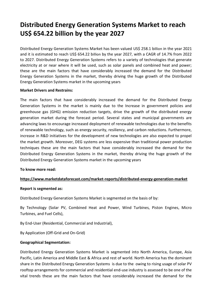 distributed energy generation systems market