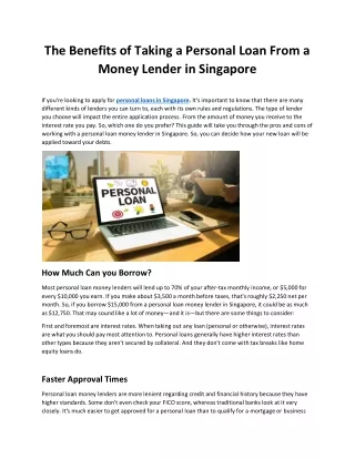 The Benefits of Taking a Personal Loan From a Money Lender in Singapore