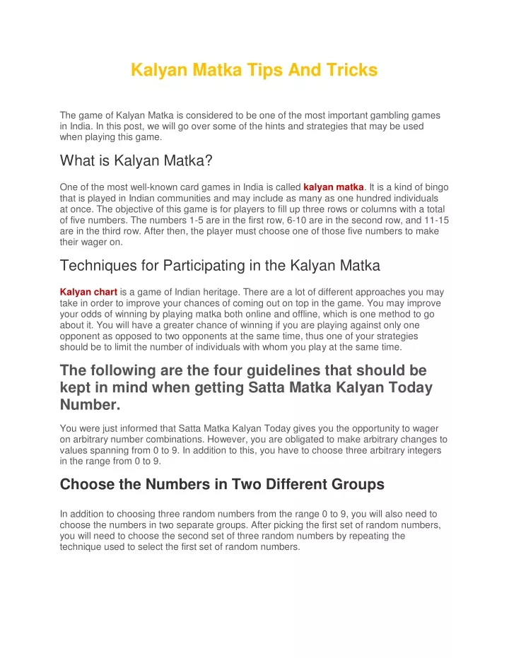 kalyan matka tips and tricks