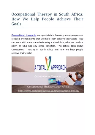 Occupational Therapy in South Africa How We Help People Achieve Their Goals