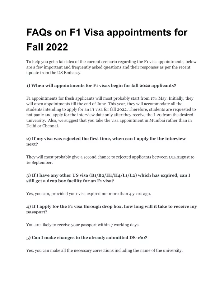 faqs on f1 visa appointments for fall 2022