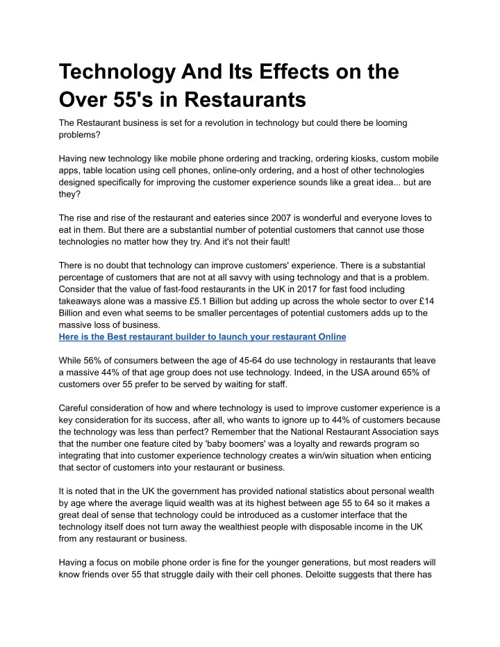 PPT - Technology And Its Effects On The Over 55's In Restaurants ...