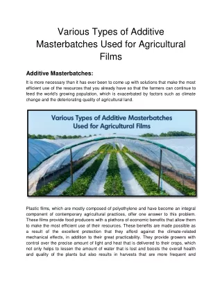 Various Types of Additive Masterbatches Used for Agricultural Films