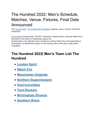 The Hundred 2022_ Men’s Schedule, Matches, Venue, Fixtures, Final Date Announced