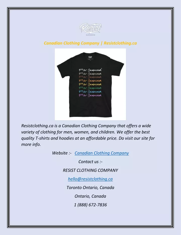 canadian clothing company resistclothing ca