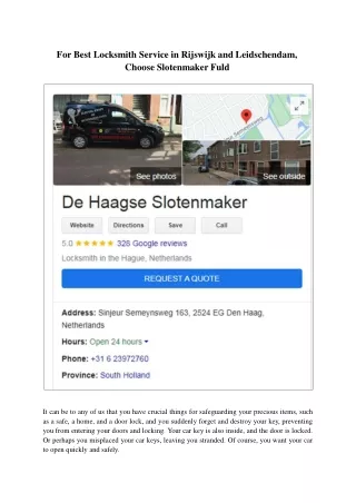 For Best Locksmith Service in Rijswijk and Leidschendam, Choose Slotenmaker Fuld.ppt