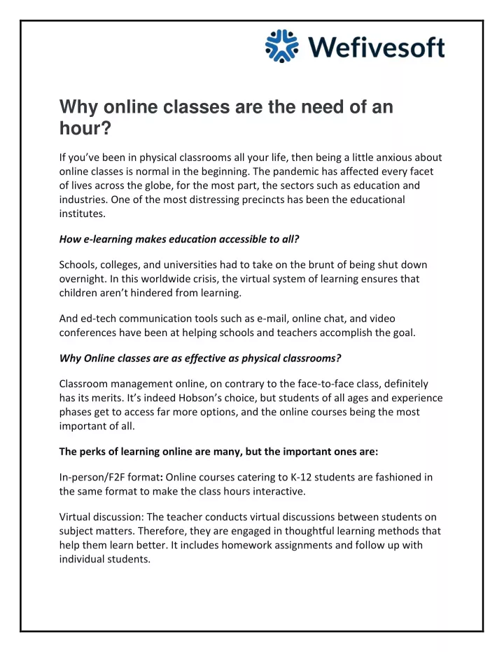 why online classes are the need of an hour