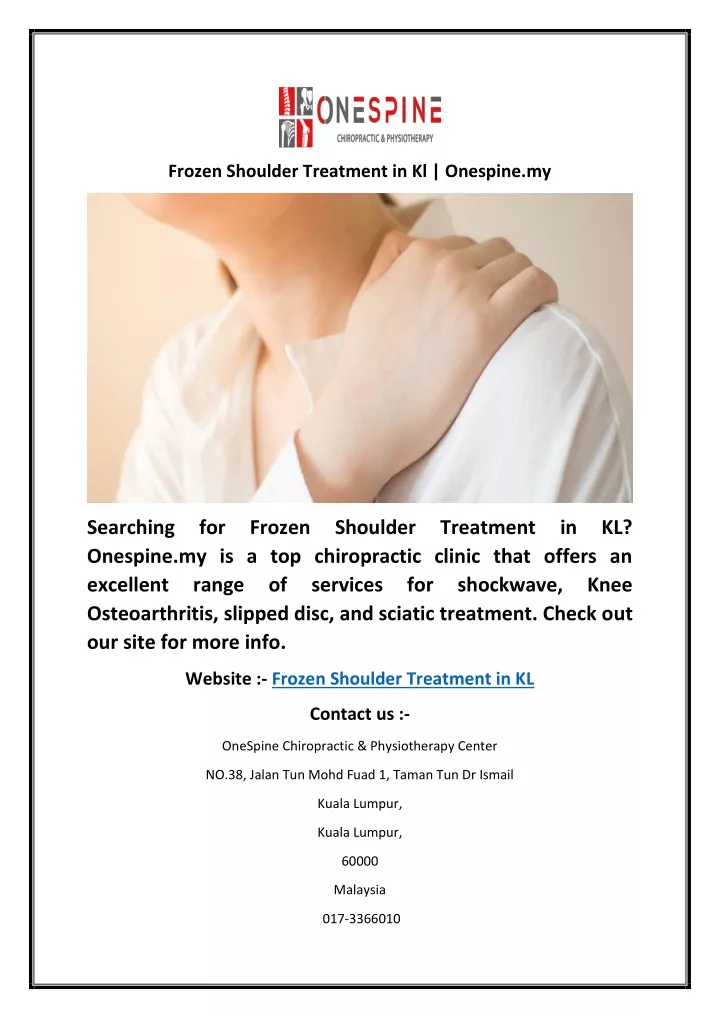 frozen shoulder treatment in kl onespine my